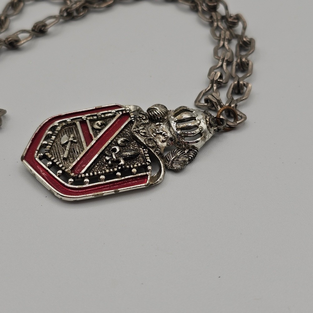 Medieval Style Crest Shield Pendant Necklace Heraldic Silver Tone Red Crown - Picture 9 of 10